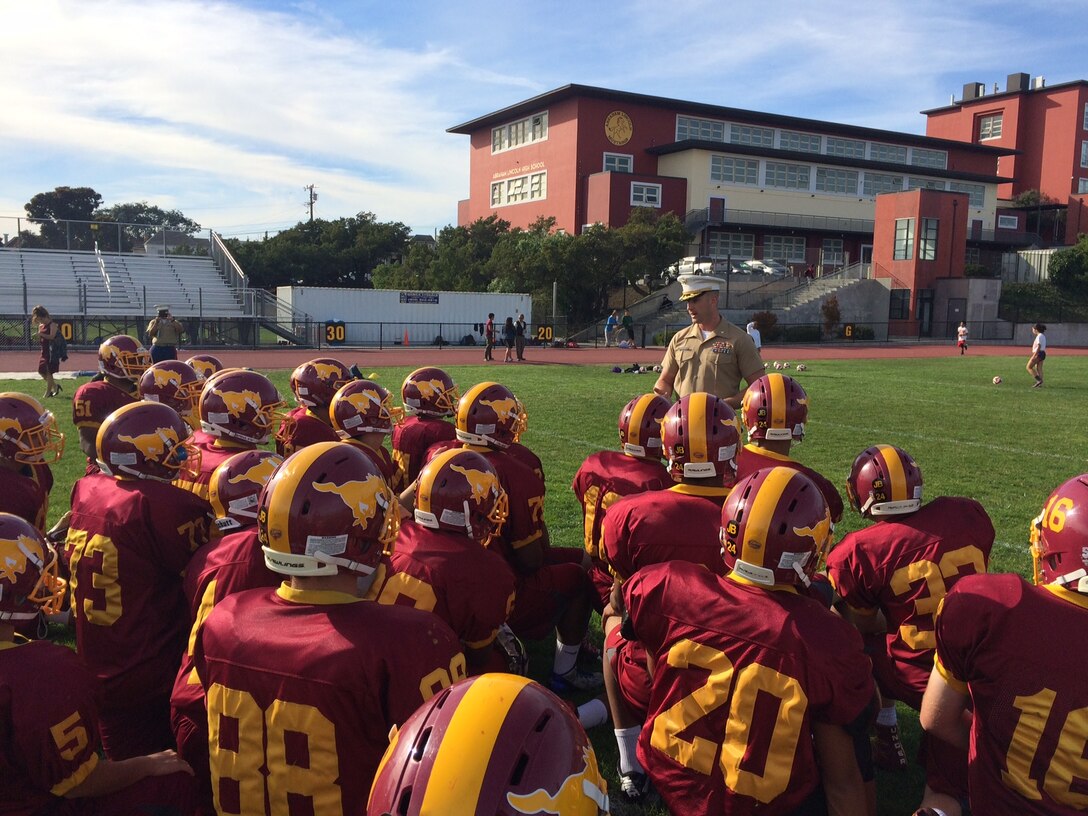 Major Jon Frerichs, Recruiting Station San Francisco Commanding Officer, gives a motivational speech to the Abraham Lincoln High School varsity football team. Frerichs spoke to the young men on the team about the importance of leadership in life. ( Courtesy Photo)