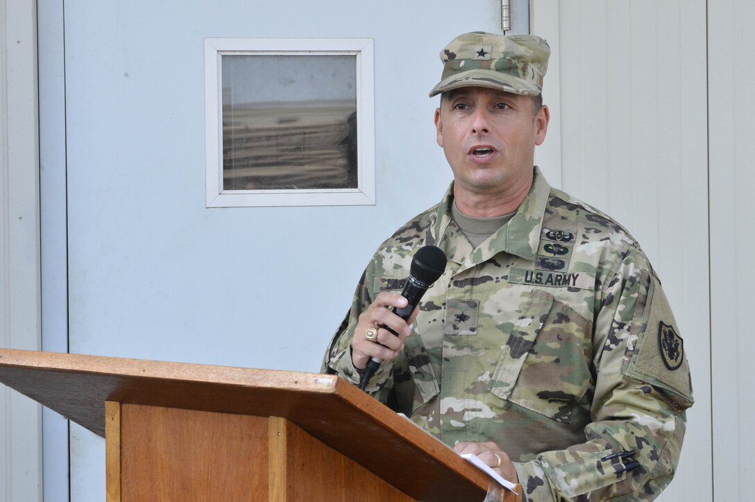 DLA Distribution commanding general, Army Brig. Gen. John S. Laskodi, delivers his remarks during the ribbon cutting ceremony at DLA Distributions newest detachment location in Djibouti, Africa on Sept. 30.