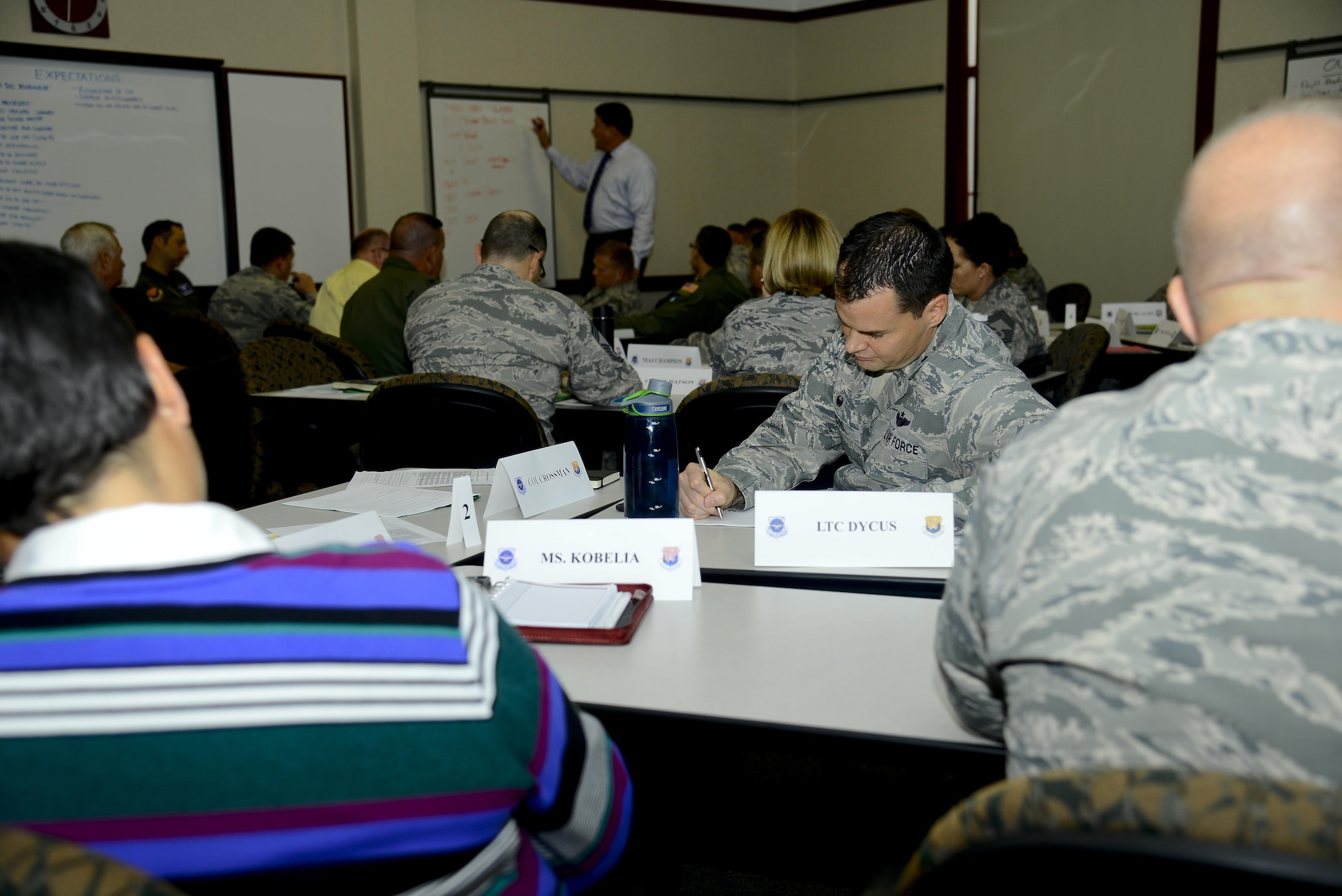 Members of Team MacDill learn Continuous Process Improvement (CPI) concepts during a senior leader course at MacDill Air Force Base, Fla., Sept. 29, 2016. The course introduced CPI concepts and covered internal control measures and why measuring process performance is critical to conducting a mission successfully while being efficient with resources. (U.S. Air Force photo by Staff Sgt. Melanie Hutto)