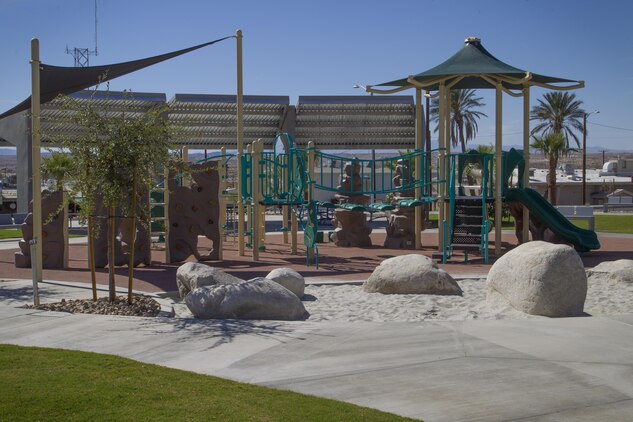 A new playground is seen at Victory Park, following the park’s official ribbon-cutting ceremony aboard Marine Corps Air Ground Combat Center, Twentynine Palms, Calif., Oct. 5, 2016. (Official Marine Corps photo by Cpl. Connor Hancock/Released)