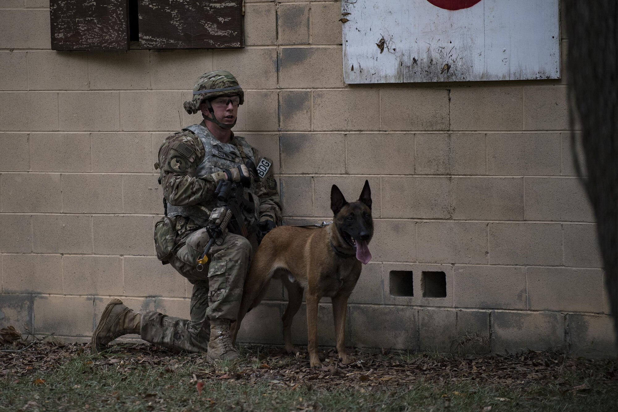 U.S. Air Force Staff Sgt. John Coulter, 824th Base Defense Squadron military working dog handler, and MWD Ttyrant, simulate securing the area Oct. 6, 2016, at Moody Air Force Base, Ga. Ttyrant is trained and certified on patrol and bomb detection. (U.S. Air Force photo by Airman 1st Class Daniel Snider)