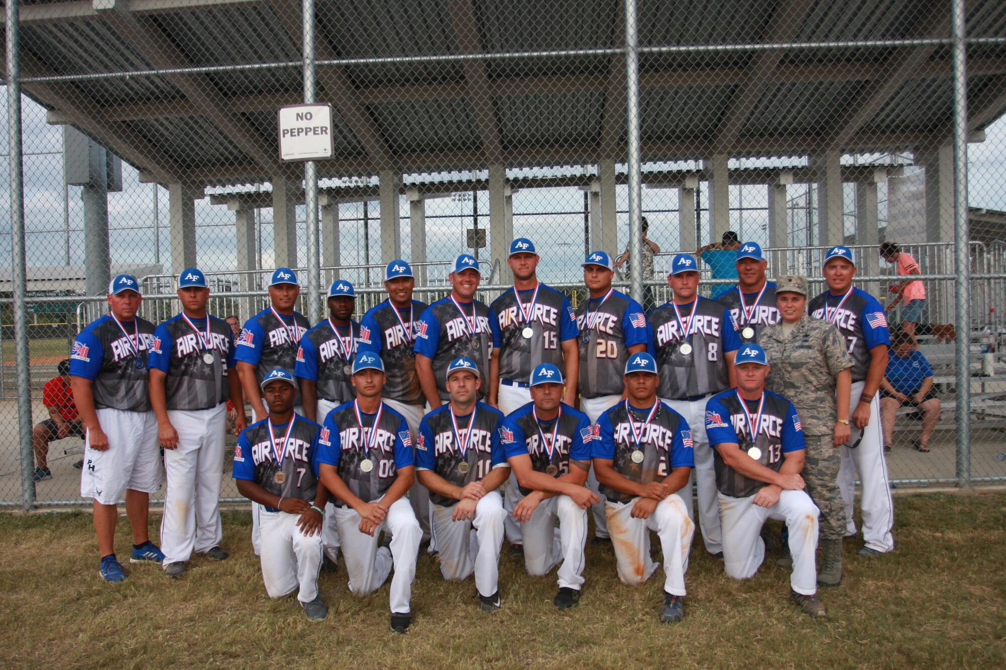 The All-Air Force Men’s Softball Team earned the silver medal in the Armed Forces Men’s Softball Tournament at JBSA-Fort Sam Houston’s Pershing Ballpark on Sept. 22. With the team is Brig. Gen. Linda Hurry. (U.S. Air Force photo by Steve Brown)