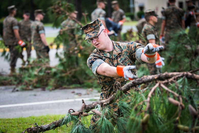 A Marines clears debris from a main road aboard Marine Corps Air Station Beaufort Oct. 8. Marines and sailors with MCAS Beaufort worked to return the air station and Laurel Bay to normal operations. They removed debris and cleaned up main access roads to establish infrastructure after Hurricane Matthew.