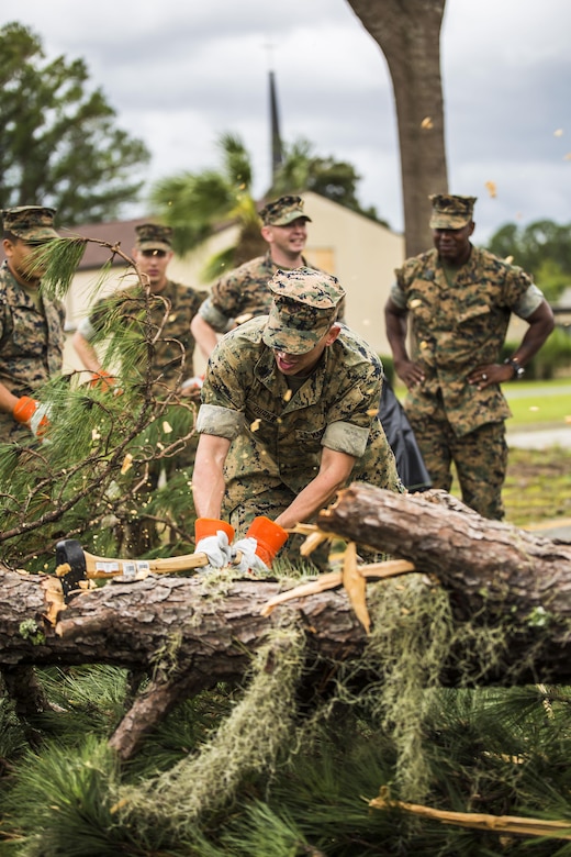A Marine chops a fallen tree at a main road aboard Marine Corps Air Station Beaufort Oct. 8. Marines and sailors with MCAS Beaufort worked to return the air station and Laurel Bay to normal operations. They removed debris and cleaned up main access roads to establish infrastructure after Hurricane Matthew.