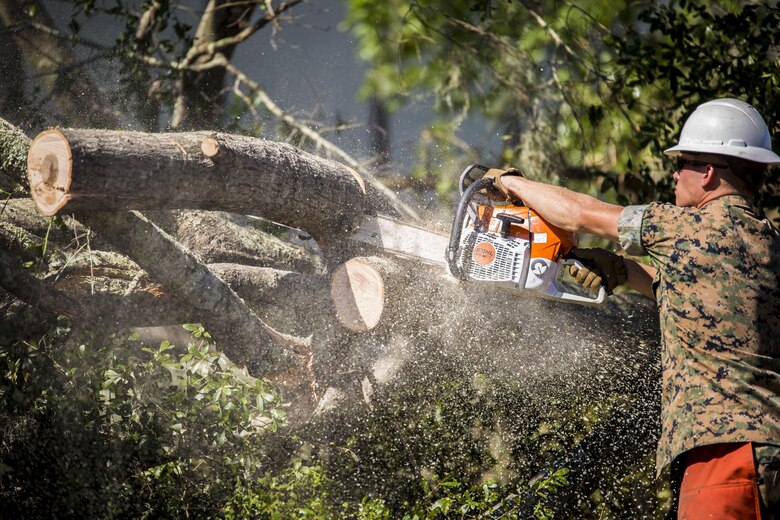 Sgt. Eric McKenzie uses a chainsaw to remove parts of a fallen tree from a parcking lot aboard Marine Corps Air Station Beaufort Oct. 9. Marines and sailors with MCAS Beaufort continued to work to remove debris and establish infrastructure aboard the air station and Laurel Bay after Hurricane Matthew. McKenzie is a bulk fuel specialist with MCAS Beaufort. 