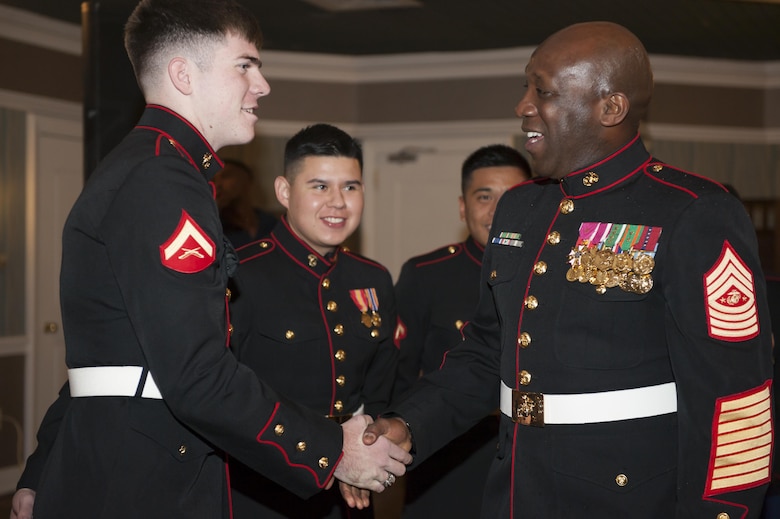 U.S. Marine Corps Sgt. Maj. of the Marine Corps Ronald L. Green, greets Marines during the Headquarters and Service Battalion Mess Night at The Clubs at Quantico, Marine Corps Base Quantico, Va., Sept. 30, 2016. The Marine Corps mess night, a time honored tradition since the 1950s, builds Esprit de Corps with the Marines, providing camaraderie, food and entertainment, and toasts honoring the sacrifices of past and present Marines who have served in the Corps. (Photo by Lance Cpl. Yasmin D. Perez)