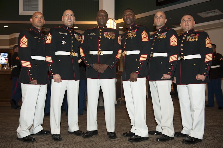 From left to right, Headquarters and Service Battalion (H&SBN), Service Company First Sergeant U.S. Marine Corps 1st Sgt. Juan A. Abrego, Headquarters Company First Sergeant 1st Sgt. Joseph Sorgie, Sgt. Maj. of the Marine Corps Ronald L. Green, Combat Development Company First Sergeant 1st Sgt. Nicholas Underwood, Tenant Activities Company First Sergeant 1st Sgt. Chris Demosthenous, and Training and Education Company First Sergeant 1st Sgt. James Miramontes, pose for a photo during H&SBN Mess Night at The Clubs at Quantico, Marine Corps Base Quantico, Va., Sept. 30, 2016. The Marine Corps mess night, a time honored tradition since the 1950s, builds Esprit de Corps with the Marines, providing camaraderie, food and entertainment, and toasts honoring the sacrifices of past and present Marines who have served in the Corps. (Photo by Lance Cpl. Yasmin D. Perez)