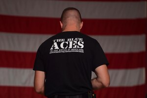 U.S. Air Force Tech. Sgt. Caleb Sanders, U.S. Air Force Heritage of America Band, Blue Aces sound and light technician, prepares the stage for a recording session at the Salem Veteran Affairs Medical Center in Salem, Va., Sept. 27, 2016. Sanders recorded three one-on-one music sessions with veterans in the music therapy program at Salem VA Medical Center. The program has shown to improve the memory skills, in addition to functional communication skills. (U.S. Air Force photo by Senior Airman Kimberly Nagle)
   
