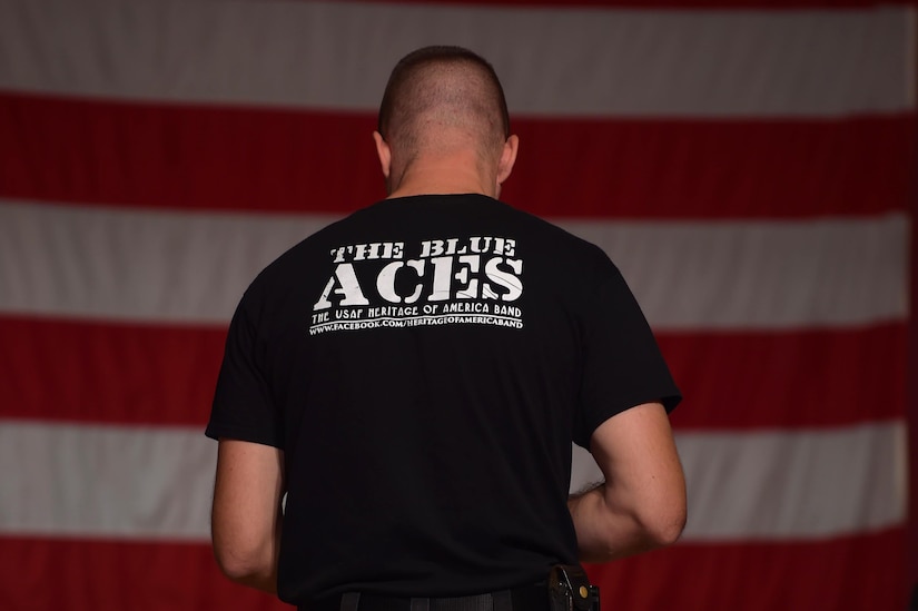 U.S. Air Force Tech. Sgt. Caleb Sanders, U.S. Air Force Heritage of America Band, Blue Aces sound and light technician, prepares the stage for a recording session at the Salem Veteran Affairs Medical Center in Salem, Va., Sept. 27, 2016. Sanders recorded three one-on-one music sessions with veterans in the music therapy program at Salem VA Medical Center. The program has shown to improve the memory skills, in addition to functional communication skills. (U.S. Air Force photo by Senior Airman Kimberly Nagle)
   
