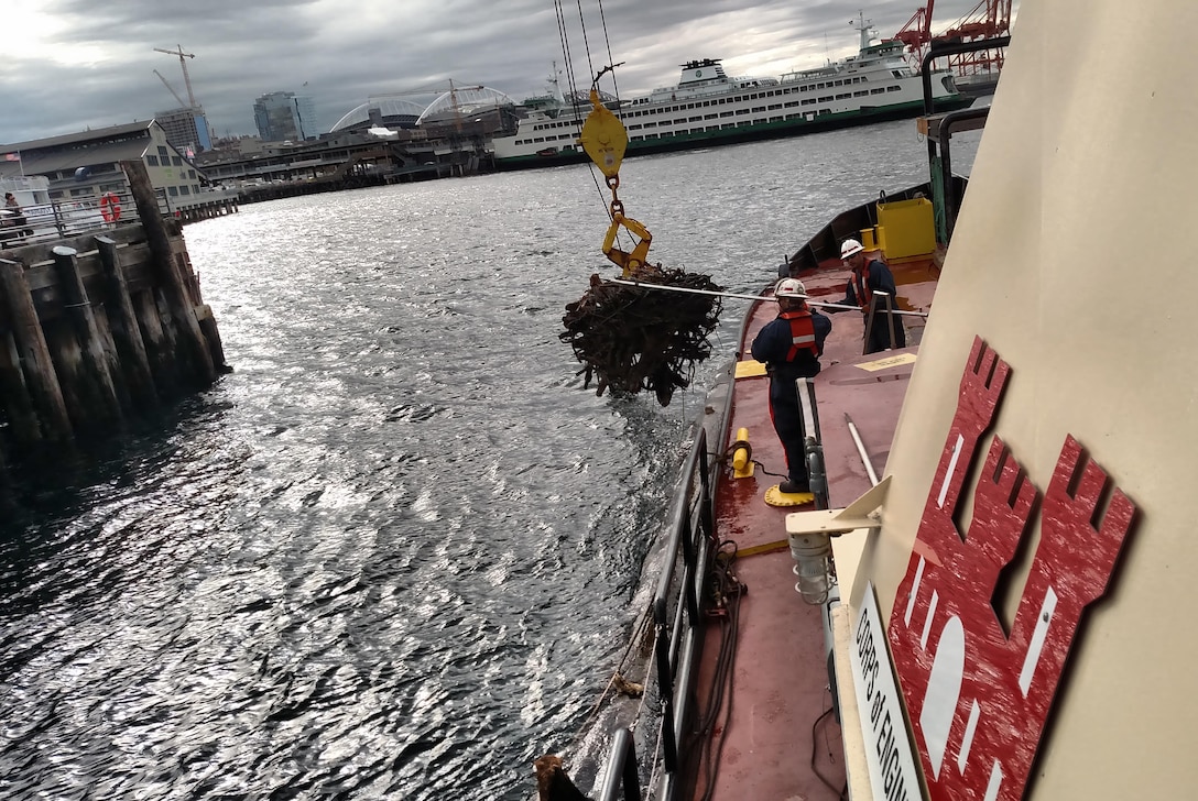 U.S. Army Corps of Engineers personnel pick up logs out of the Puget Sound near downtown Seattle, Oct. 3, 2016. The logs were potential threats to navigation.

The Corps has patrolled the Puget Sound to find and remove navigational hazards for more than a century. The vessel Puget's crew collects large pieces of drift, waterlogged pilings, logs considered a hazardous to navigation and other debris. The Puget’s crew pick up about 1,000 tons of debris each year and this represents about 2,000 hazards to navigation. 