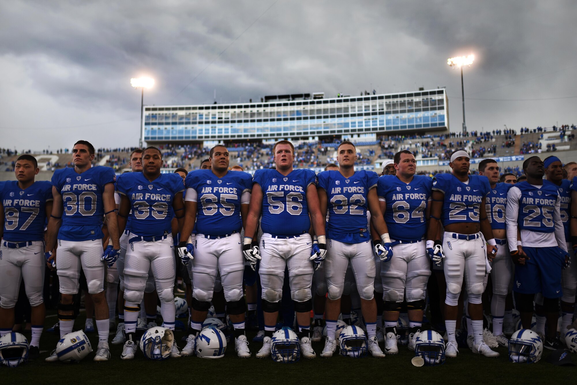 U.S. AIR FORCE ACADEMY, Colo. – The U.S. Air Force Academy football team sings the USAFA Alma Mater after defeating the Navy Midshipmen in Falcon Stadium at the U.S. Air Force Academy, Colo., Oct. 1, 2016. The Army Black Knights, the Navy Midshipmen and Air Force Falcons compete in a triangular series for the Commander-in-Chief's Trophy, which is awarded to each season's winner. (U.S. Air Force photo by Airman 1st Class Dennis Hoffman)