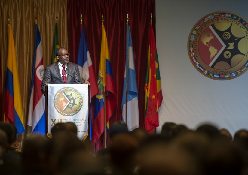 Edmund Dillon, president of the 12th Conference of Defense Ministers of the Americas, speaks during the conference in Port-of-Spain, Trinidad and Tobago, Oct. 11, 2016. Dillion, the national defense minister for Trinidad and Tobago, and Prime Minister Keith Rowley met the same day with Defense Secretary Ash Carter. DoD photo by Air Force Tech. Sgt. Brigitte N. Brantley