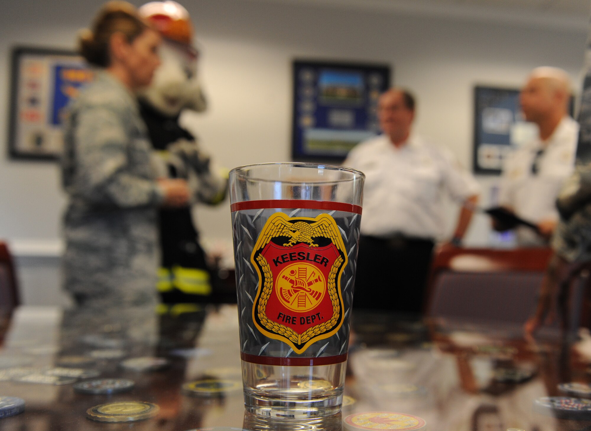 A Keesler Fire Department glass sits on display at the 81st TRW headquarters building during the Fire Prevention Week kick off Oct. 11, 2016, on Keesler Air Force Base, Miss. The weeklong event includes fire drills, literature hand-outs and stove fire demonstrations around the base and concludes with an open house at the fire department Oct. 15. (U.S. Air Force photo by Kemberly Groue/Released)