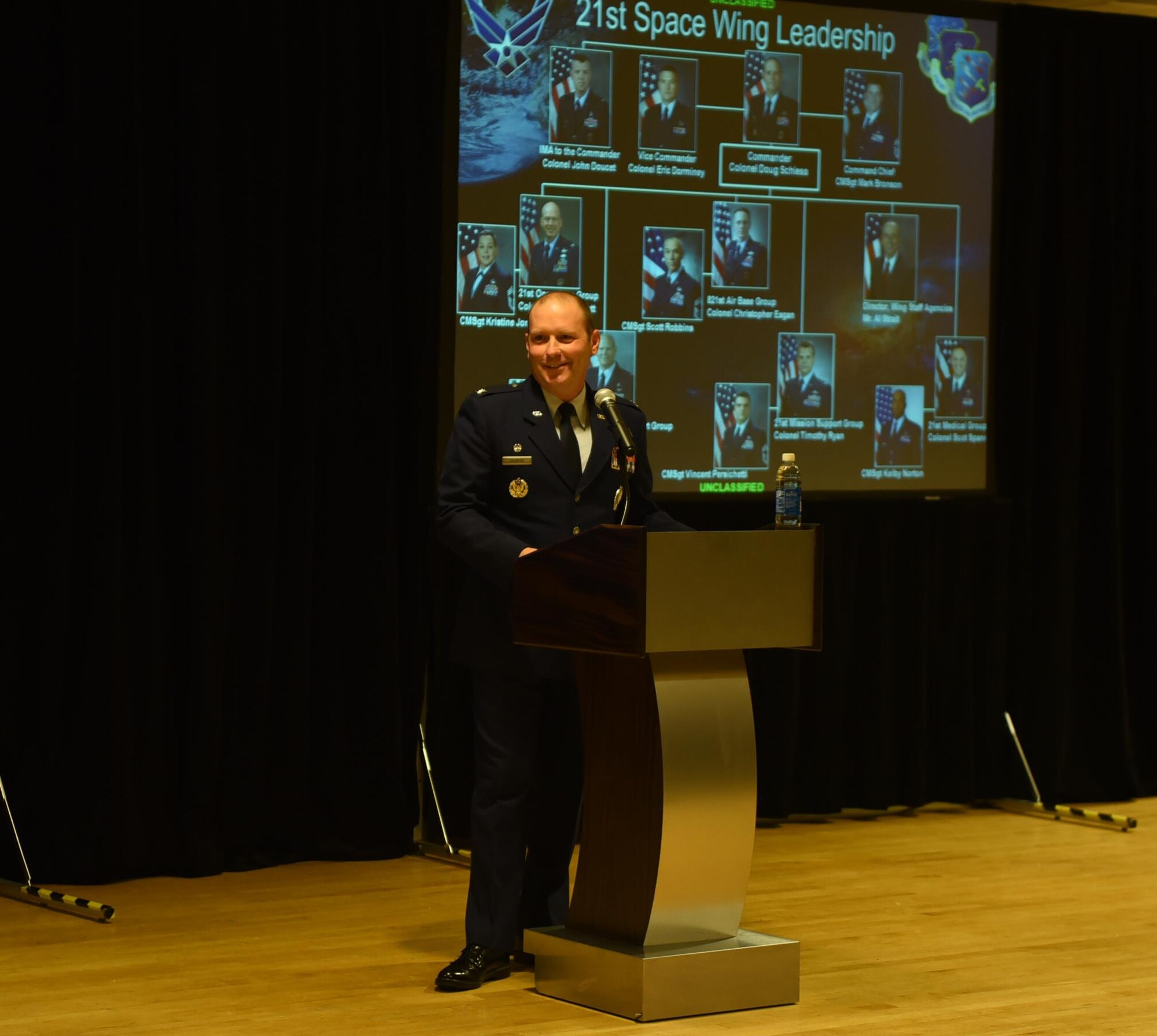 PETERSON AIR FORCE BASE, Colo. – Col. Doug Schiess, 21st Space Wing commander, presented his State of the Wing address Thursday, Oct. 6 at The Club on Peterson Air Force Base, Colo. The address offered civic leaders a review of his first year in command of the wing, as well as a glimpse into the upcoming year. (U.S. Air Force Photo by Philip Carter)
