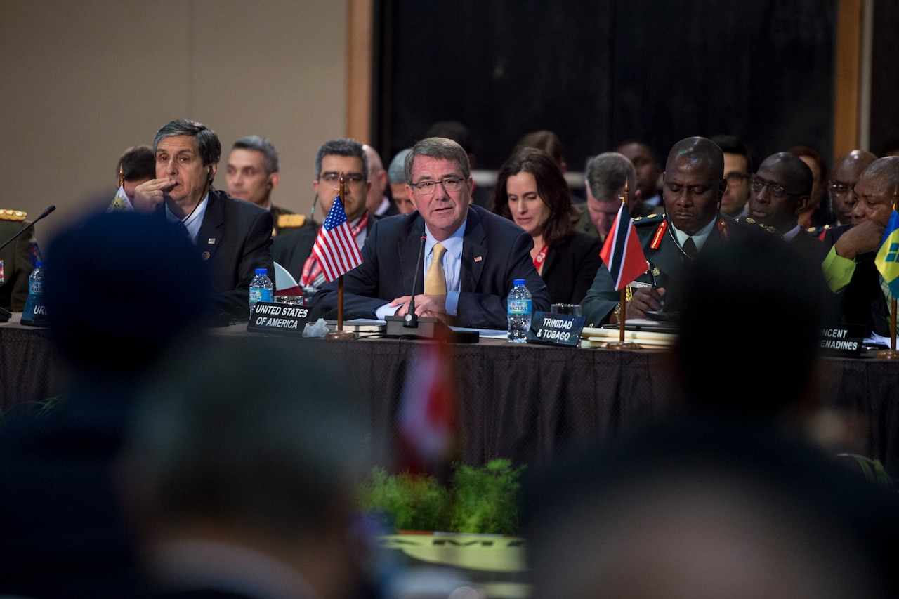 Defense Secretary Ash Carter speaks during the Conference of Defense Ministers of the Americas in Port-of-Spain, Trinidad and Tobago, Oct. 11, 2016. DoD photo by Air Force Tech. Sgt. Brigitte N. Brantley
