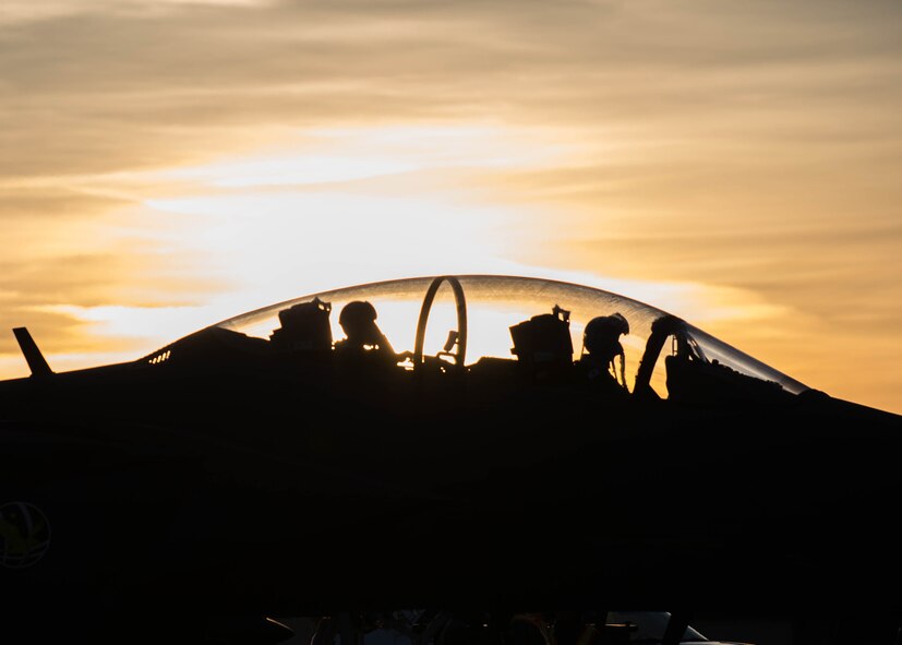 A Republic of Korea Air Force (ROKAF) F-15K Slam Eagle pilot and weapons officer start their jet for a mission Oct. 11, 2016, during RED FLAG-Alaska (RF-A) 17-1 at Eielson Air Force Base, Alaska. The aircrew used a laser guided GBU-54 bomb for the first time on a ROKAF F-15K. Exercise scenarios occur within the Joint Pacific Alaska Range Complex, a more than 67,000 square mile airspace, with minimal impact on the environment. (U.S. Air Force photo by Staff Sgt. Shawn Nickel)
