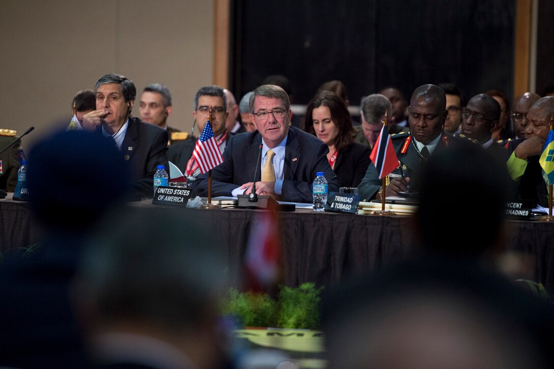 Defense Secretary Ash Carter participates in the Conference of the Defense Ministers of the Americas in Port-of-Spain, Trinidad and Tobago, Oct. 11, 2016. DoD photo by Air Force Tech. Sgt. Brigitte N. Brantley