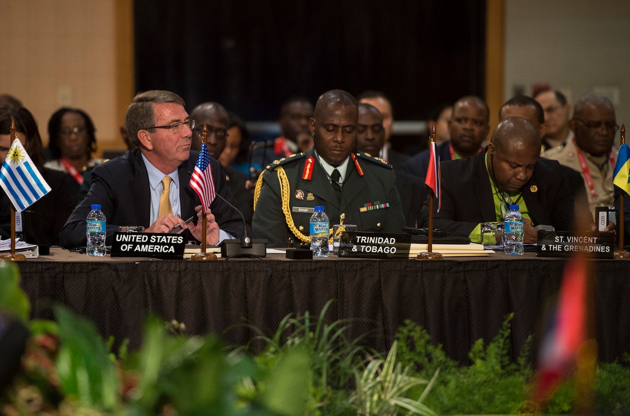 Defense Secretary Ash Carter speaks during the Conference of Defense Ministers of the Americas in Port-of-Spain, Trinidad and Tobago, Oct. 11, 2016. DoD photo by Air Force Tech. Sgt. Brigitte N. Brantley