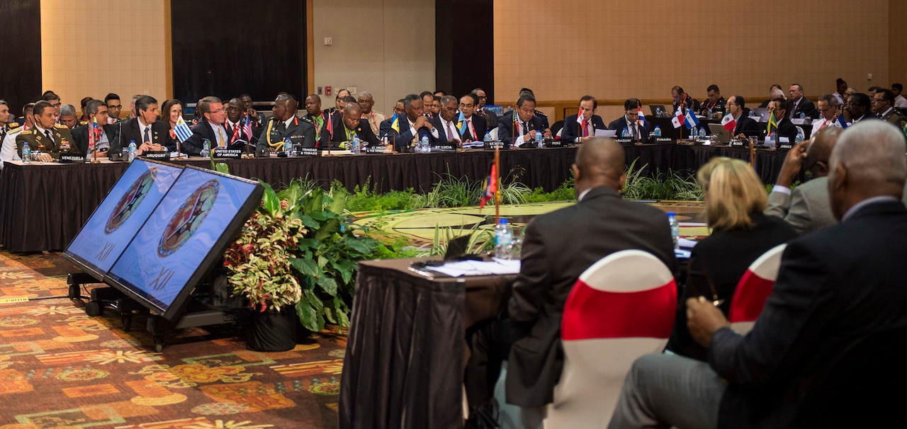 Defense Secretary Ash Carter speaks during the Conference of Defense Ministers of the Americas in Port-of-Spain, Trinidad and Tobago, Oct. 11, 2016. DoD photo by Air Force Tech. Sgt. Brigitte N. Brantley