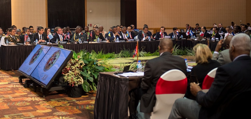 Defense Secretary Ash Carter speaks during the Conference of Defense Ministers of the Americas in Port-of-Spain, Trinidad and Tobago, Oct. 11, 2016. DoD photo by Air Force Tech. Sgt. Brigitte N. Brantley