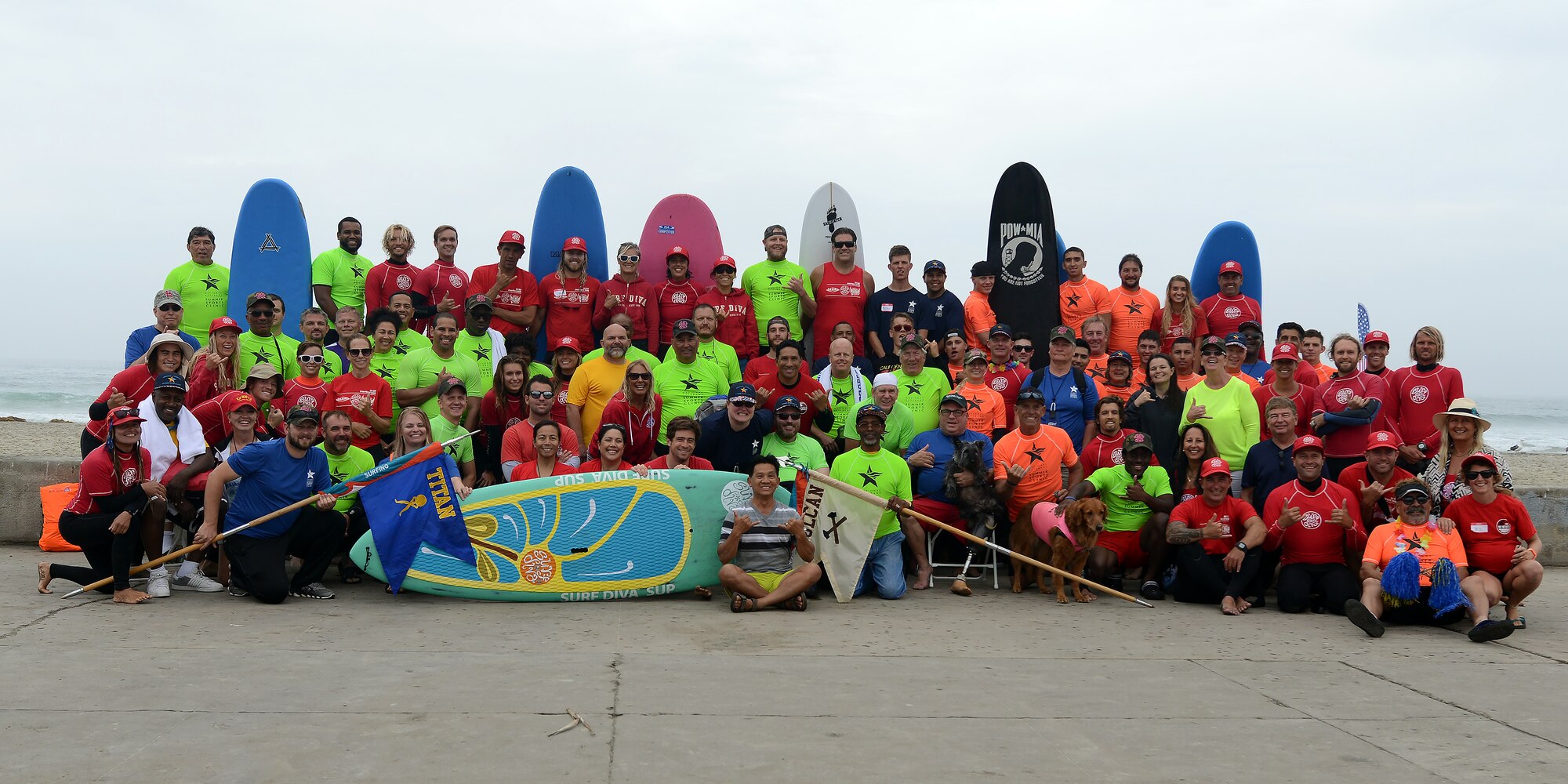 Volunteers and participants partake in a group photo during the National Disabled Veterans Summer Sports Clinic Sept. 19, 2016 at San Diego, Ca. More than forty Luke Airmen attended the clinic to assist disabled veterans from all over the country. The clinic gave veterans an opportunity to challenge themselves through education and recreational activities. Rehabilitation was promoted using summer sporting activities such as surfing, archery, sailing, kayaking.
(U.S. Air Force photo by Senior Airman Devante Williams)