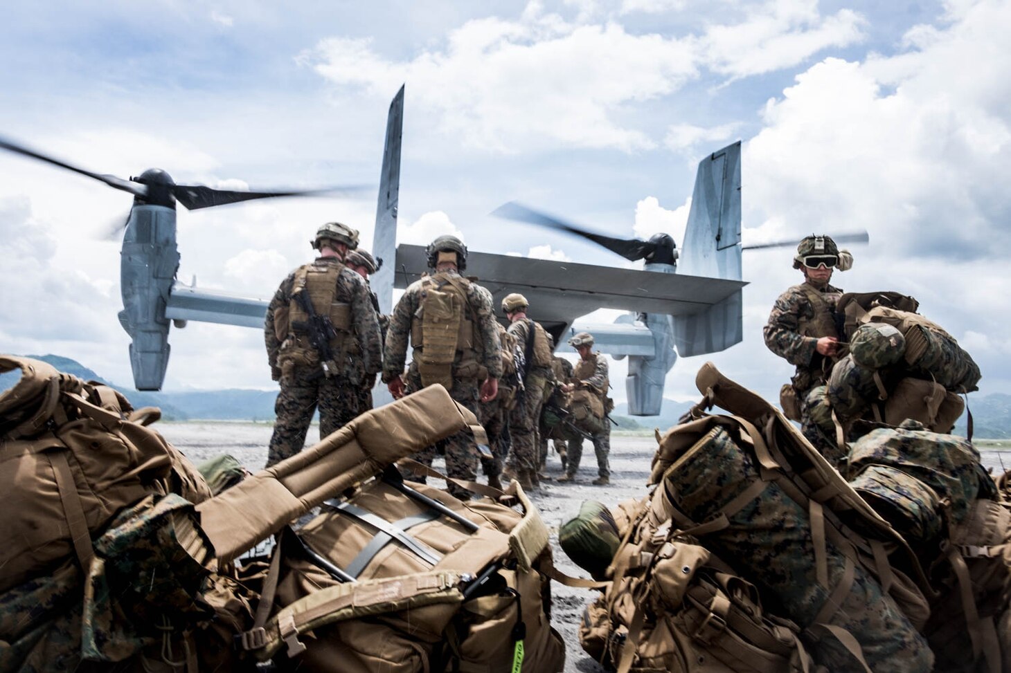 Marines with Echo Company, 2nd Battalion, 4th Marine Regiment, land in Colonel Ernesto Ravina Air Base, Philippines, to begin bilateral training with their counterparts in the Philippine Marine Corps as part of Philippine Amphibious Landing Exercise 33 (PHIBLEX). 