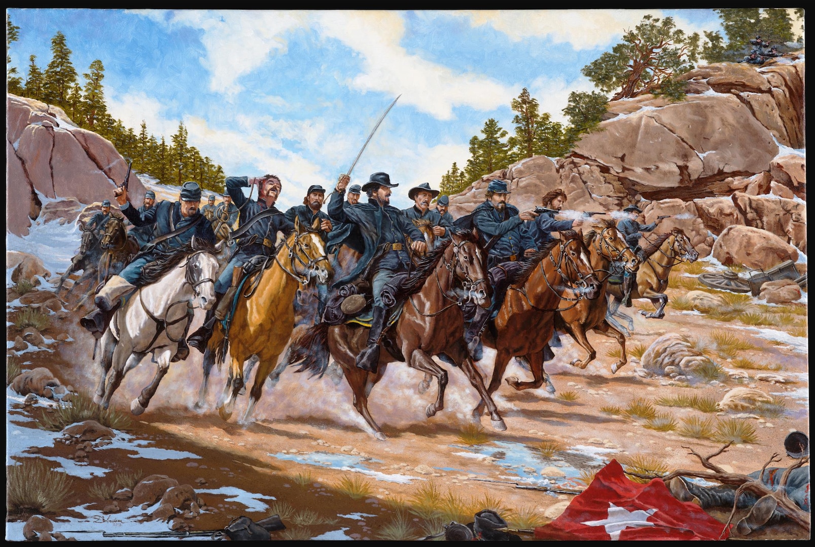 Domenick d’Andrea’s National Guard Heritage Painting, “Glorieta Pass – Action at Apache Canyon,” immortalizes the Union cavalry charge at the Battle of Glorieta Pass, known as the Gettysburg of the West, March 26, 1862.  The charge took place during the first phase of the battle and the first hostile engagement for the First Colorado Infantry Regiment.  According to military historians, U.S. Army Maj. John Chivington, Colorado National Guard, ordered the action up the narrow canyon when Texas Confederates began to withdraw their artillery.  After three days of fighting along the Santa Fe Trail in New Mexico, Confederates retreated to Texas, ending their hopes of western conquest. 