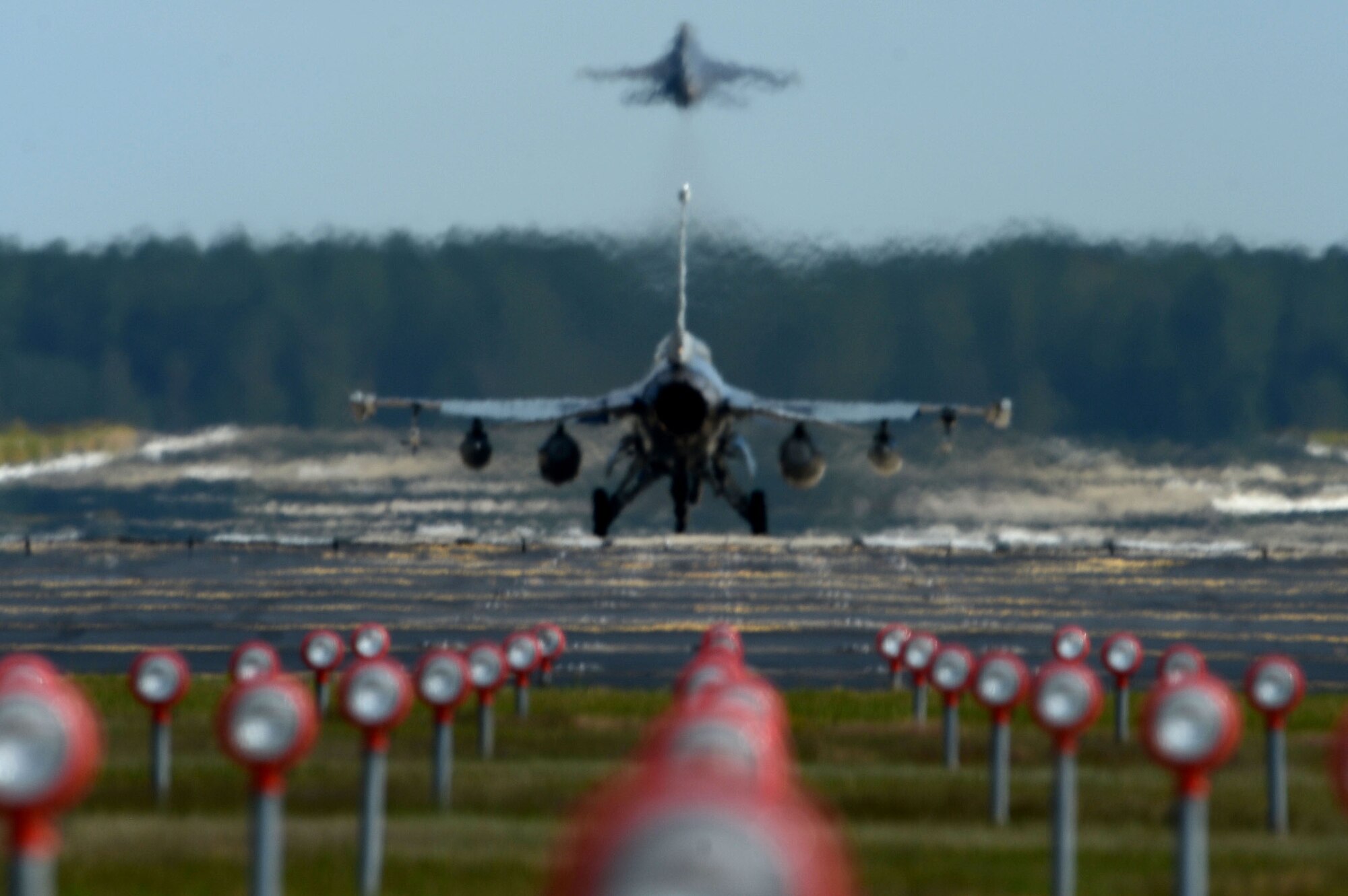 A U.S. Air Force F-16CM Fighting Falcon takes off from Shaw Air Force Base, S.C., Oct. 6, 2016. Shaw evacuated its aircraft following Gov. Nikki Haley’s declaration of a state of emergency in anticipation of Hurricane Matthew. (U.S. Air Force photo by Senior Airman Michael Cossaboom)