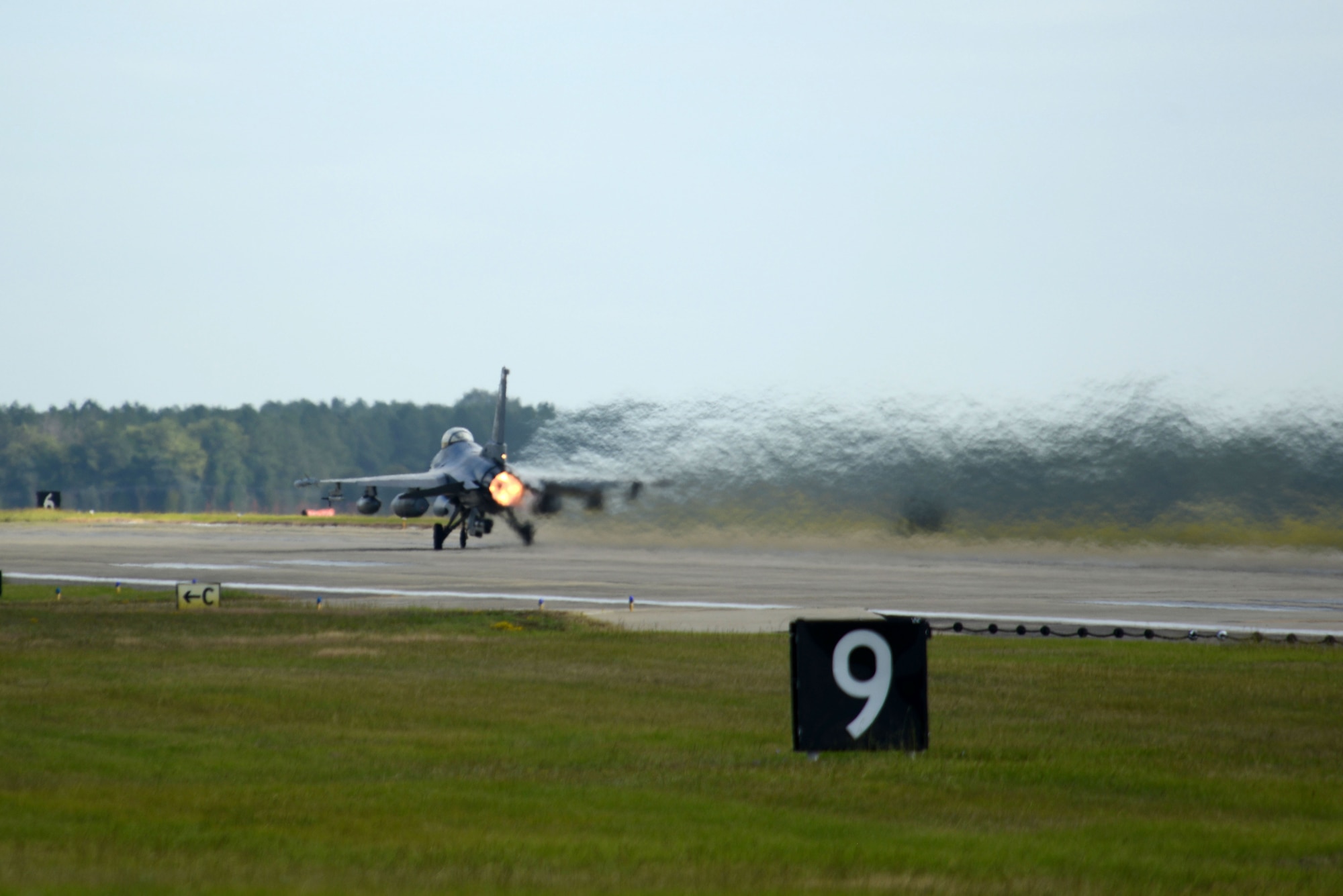 An F-16CM Fighting Falcon assigned to the 20th Fighter Wing takes off from Shaw Air Force Base, S.C., Oct. 6, 2016. The F-16s were evacuated to avoid any damage that could have been caused by Hurricane Matthew. (U.S. Air Force photo by Airman 1st Class Kelsey Tucker)