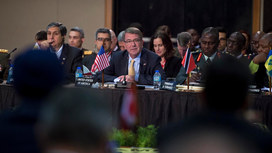 Defense Secretary Ash Carter speaks during the Conference of Defense Ministers of the Americas in Port-of-Spain, Trinidad and Tobago, Oct. 11, 2016. DoD photo by Air Force Tech. Sgt. Brigitte N. Brantley<br /><br /><a target="_blank" href="https://www.flickr.com/photos/secdef">
Click here to see more images on Secretary Carter's Flickr page. </a>
