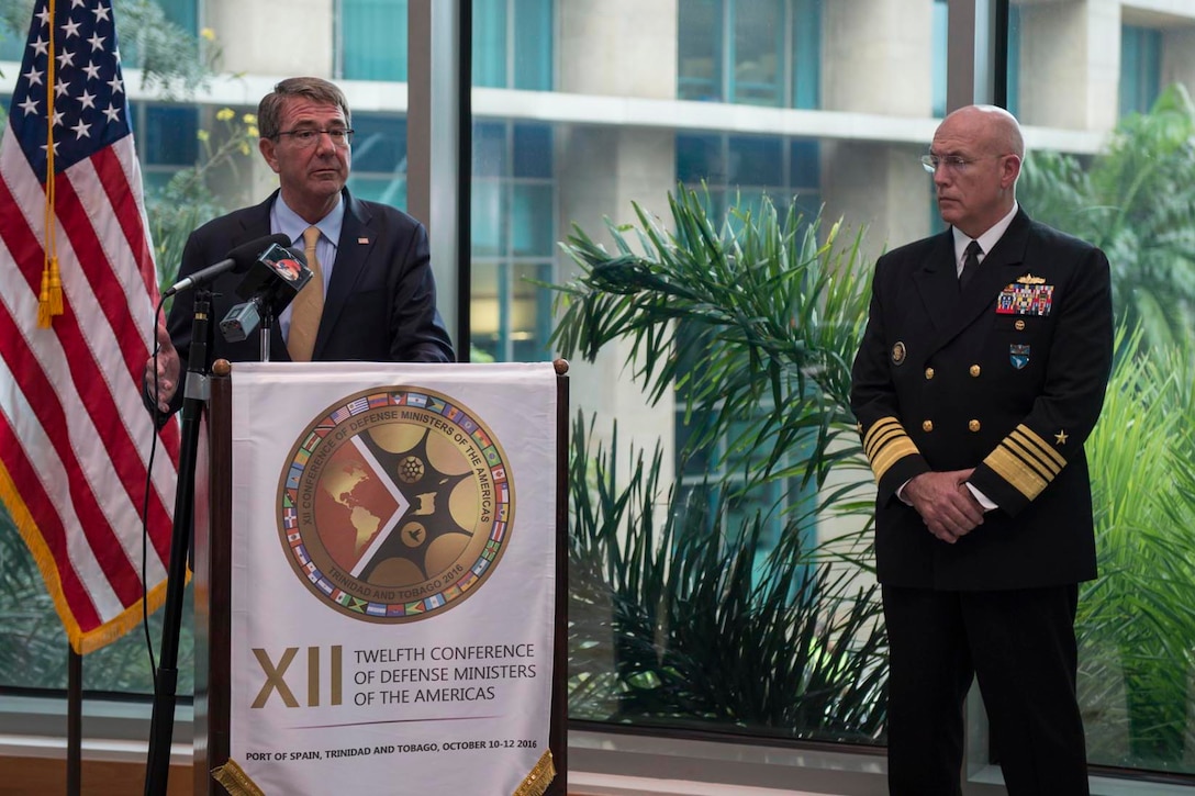 Defense Secretary Ash Carter speaks at a press conference with Navy Adm. Kurt W. Tidd, commander of U.S. Southern Command, in Port-of-Spain, Trinidad and Tobago, Oct. 11, 2016. DoD photo by Air Force Tech. Sgt. Brigitte N. Brantley