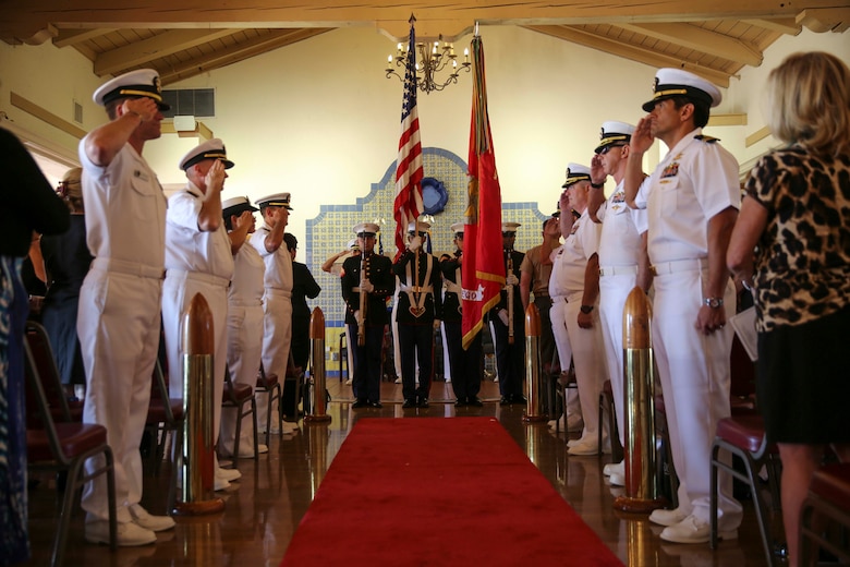 Marines of the color guard, Marine Corps Recruit Depot San Diego, present the colors during the national anthem at the Bay View Restaurant at MCRD San Diego, Oct. 7. Perez served for 44 years and three months in the U.S. Navy, and he was deployed several times. He wishes he had 44 more years to serve.
