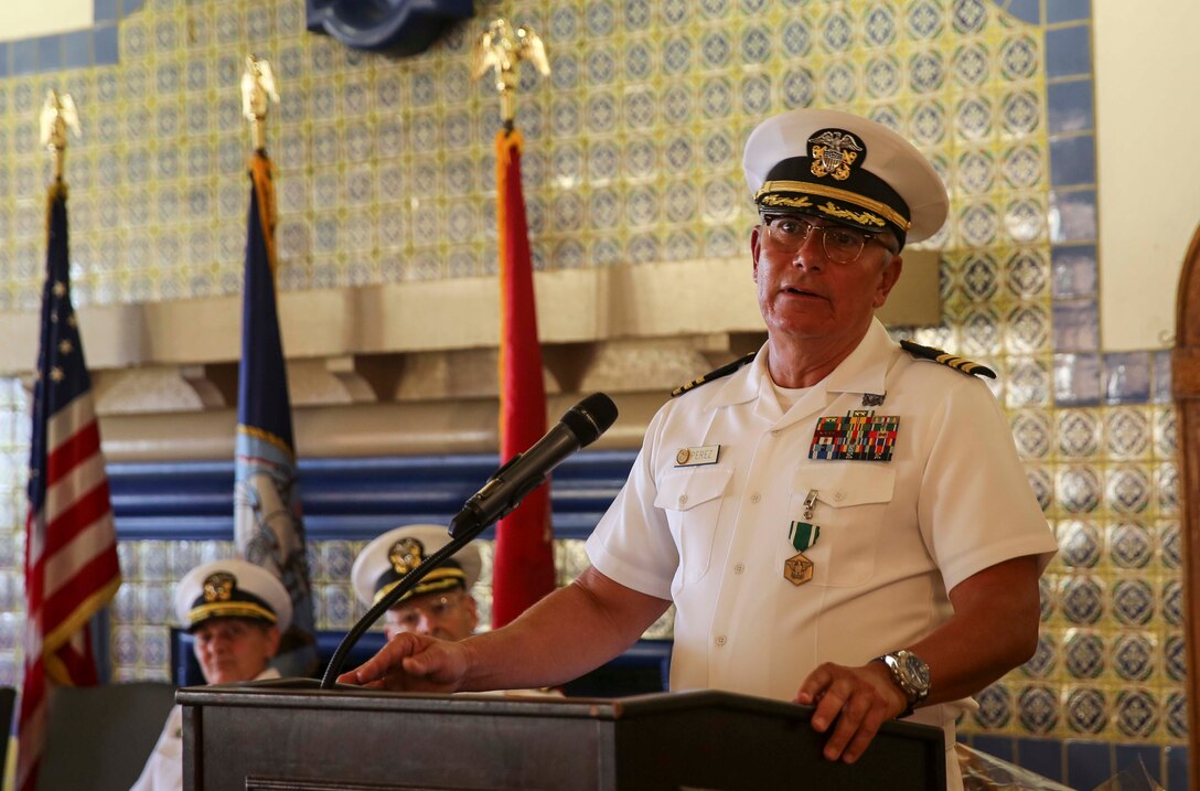 Commander Rafael C. Perez (ret.), division officer, Sports Medicine and Rehabilitation Center, Marine Corps Recruit Depot San Diego, speaks at his retirement ceremony at the Bay View Restaurant at MCRD San Diego, Oct. 7. Perez served for 44 years and three months in the U.S. Navy, and he was deployed several times. He served on the enlisted side for 22 years and the officer side for 22 years.