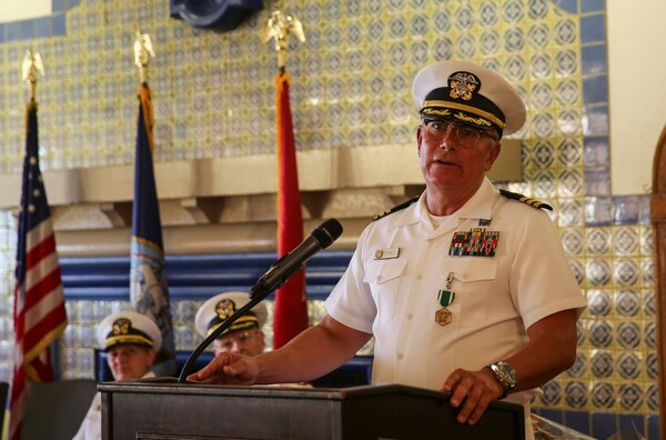 Commander Rafael C. Perez (ret.), division officer, Sports Medicine and Rehabilitation Center, Marine Corps Recruit Depot San Diego, speaks at his retirement ceremony at the Bay View Restaurant at MCRD San Diego, Oct. 7. Perez served for 44 years and three months in the U.S. Navy, and he was deployed several times. He served on the enlisted side for 22 years and the officer side for 22 years.
