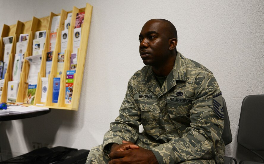Master Sgt. James Michael Brown III, 86th Logistics Readiness Squadron Installation Deployment Reception Center aerial support function section chief, listens to a National Disability Employment Awareness Month dialogue at Ramstein Air Base, Germany, Oct. 7, 2016. NDEAM aims to give voice to those who have seek employment but are marginalized and discriminated because of their disabilities. (U.S. Air Force photo by Airman 1st Class Joshua Magbanua)