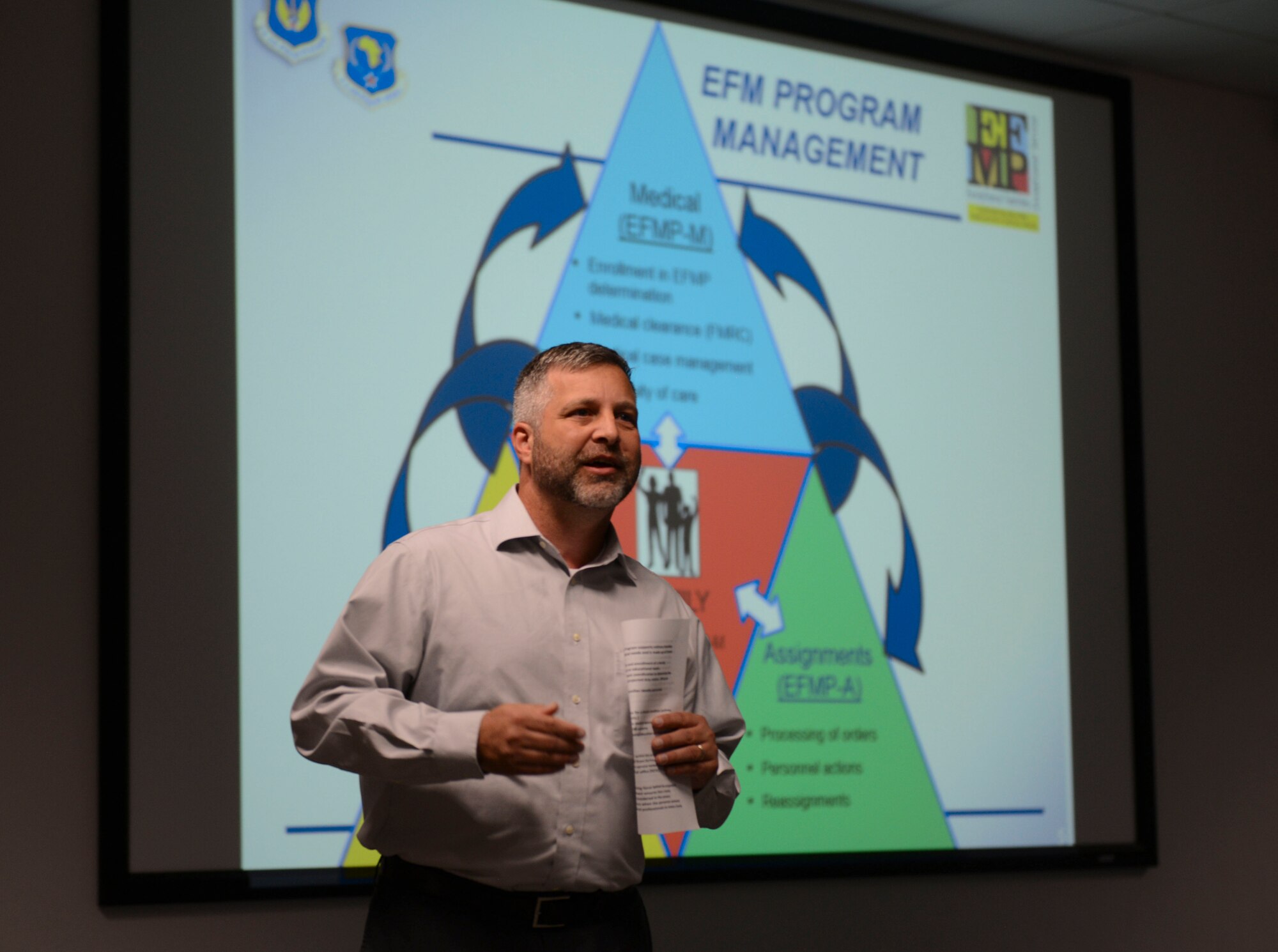 Wesley Yancey, 86th Force Support Squadron Airman and Family Readiness Center family support manager, speaks to Airmen about the Exceptional Family Program at Ramstein Air Base, Germany, Oct. 7, 2016. The EFMP, which is mandatory for active-duty members, aims to provide supportive services to military families who have members with special needs. (U.S. Air Force photo by Airman 1st Class Joshua Magbanua)