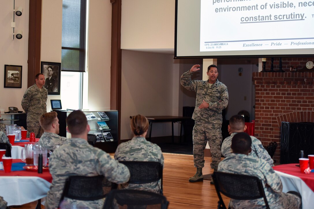 U.S. Air Force Lt. Col. Bobby Buckner, 23d Aircraft Maintenance Squadron commander, briefs Airmen during the first installment of the Emerge Moody program, at Moody Air Force Base, Ga. Buckner gave the Airmen insight on the 23d AMXS’s expeditionary involvement with Operation Inherent Resolve. (U.S. Air Force photo by Airman 1st Class Greg Nash)
