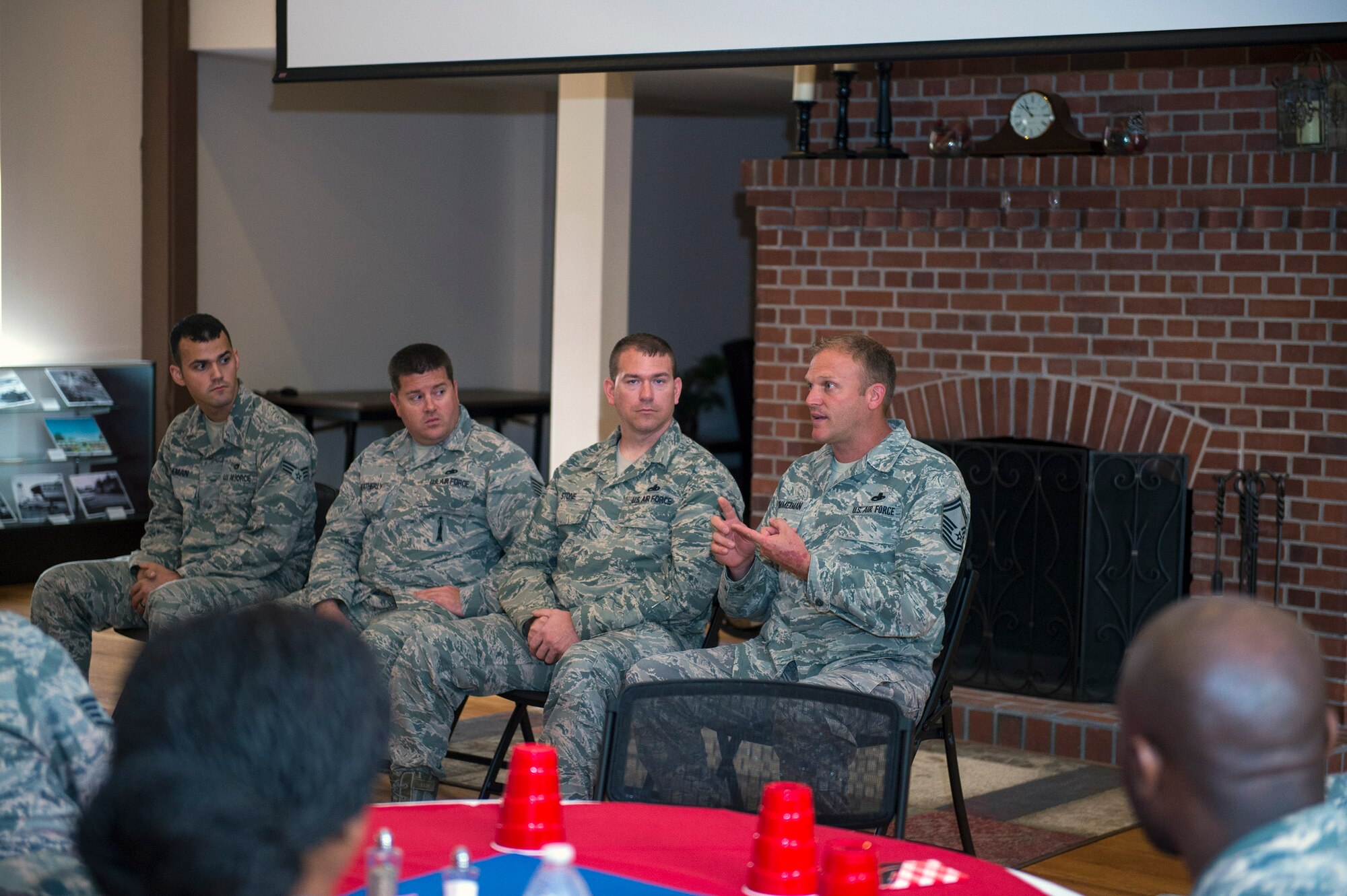 U.S. Air Force Senior Master Sgt. Jeffrey Zimmerman, 75th Aircraft Maintenance Unit superintendent, talks during a maintainer panel during the first installment of the Emerge Moody program, Oct. 6, 2016, at Moody Air Force Base, Ga. The open forum allowed participants to ask maintainers of the 23d Aircraft Maintenance Squadron the highlights and challenges of their career field. (U.S. Air Force photo by Airman 1st Class Greg Nash)