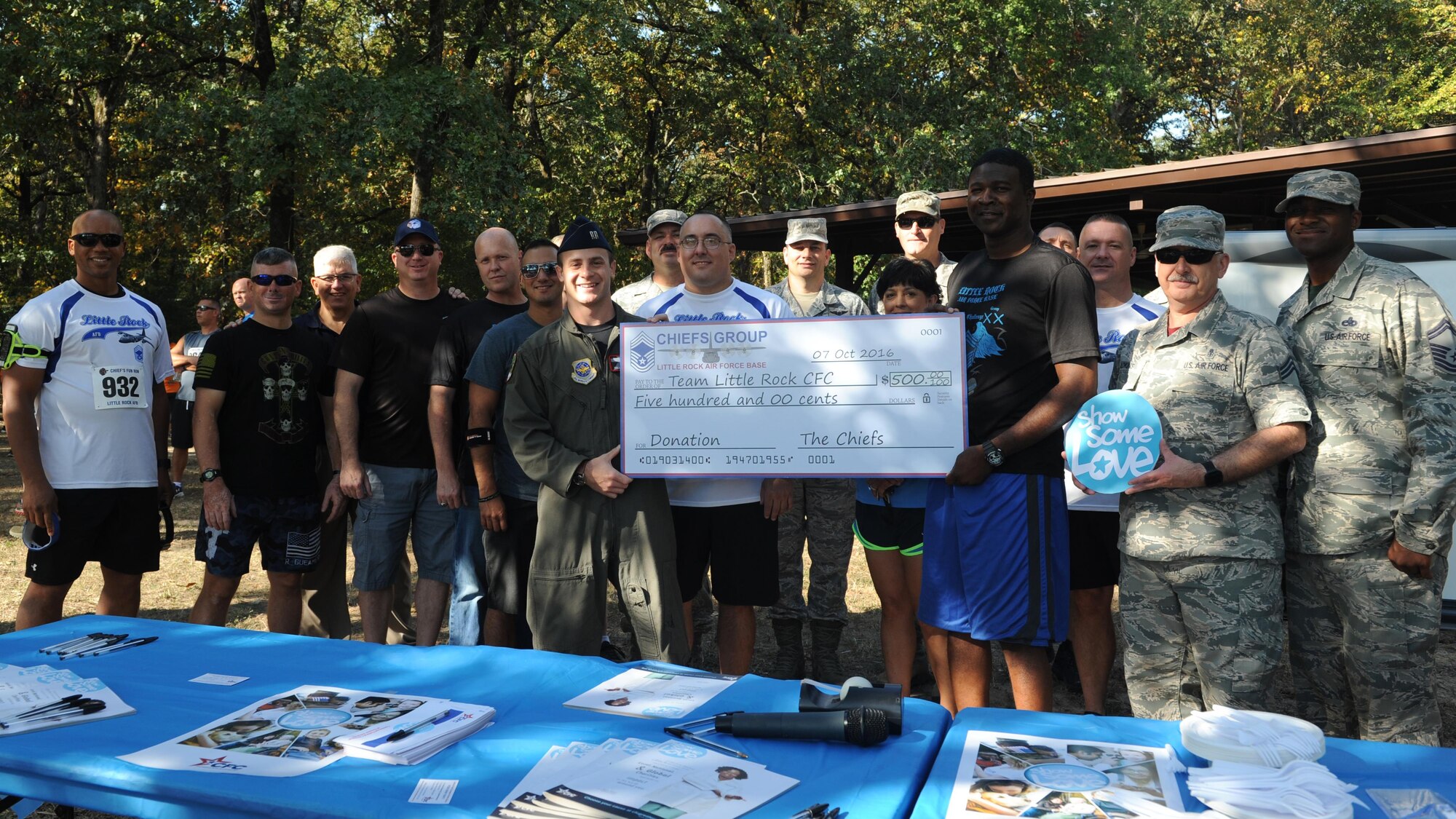 Little Rock Air Force Base’s Chief’s group presents U.S Air Force Capt. Dillon Deutsch, Team Little Rock Combined Federal Campaign lead representative, with a check toward the CFC, Oct. 7, 2016, at Little Rock Air Force Base, Ark. The donation was made possible by the funds from the Chief’s Fun-Run. 