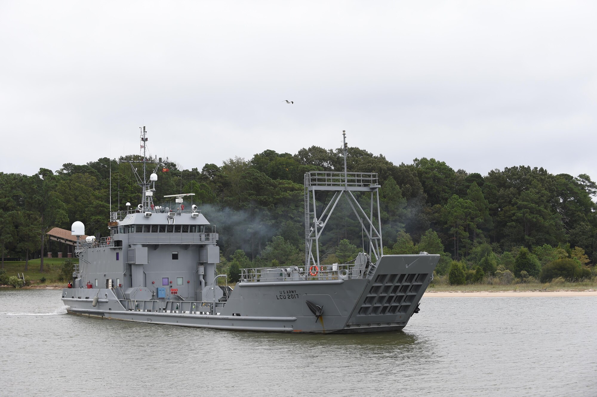 7th Transportation Brigade (Expeditionary) Soldiers evacuate El Caney, a Landing Craft Utility Vessel, from Third Port at Joint Base Langley-Eustis, Va. Oct. 7, 2016. Vessels sailed north to avoid potential damage from Hurricane Matthew. (U.S. Air Force photo by Staff Sgt. Natasha Stannard) 