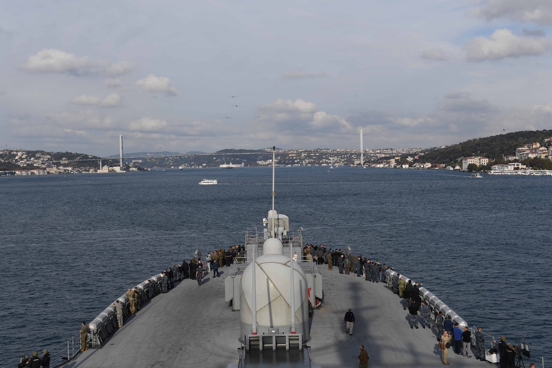 The command and control ship USS Mount Whitney transits the Bosphorus Strait  on its way to the Black Sea, Oct. 10, 2016. The ship is conducting naval operations with allies and partners supporting Operation Atlantic Resolve.  Navy photo by Seaman Ford Williams 


