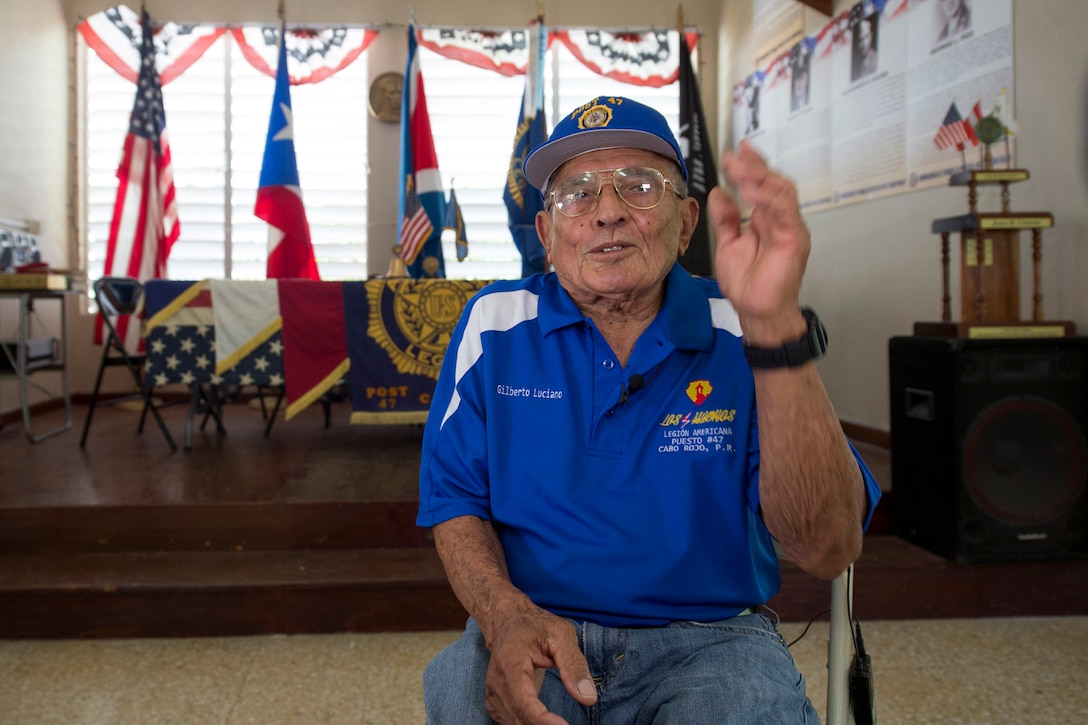 Vietnam and Korean War veteran Army Reservist Gilberto Luciano Padilla speaks about his military experience during an interview in Cabo Rojo, Puerto Rico, Aug. 10, 2016. DoD photo by EJ Hersom