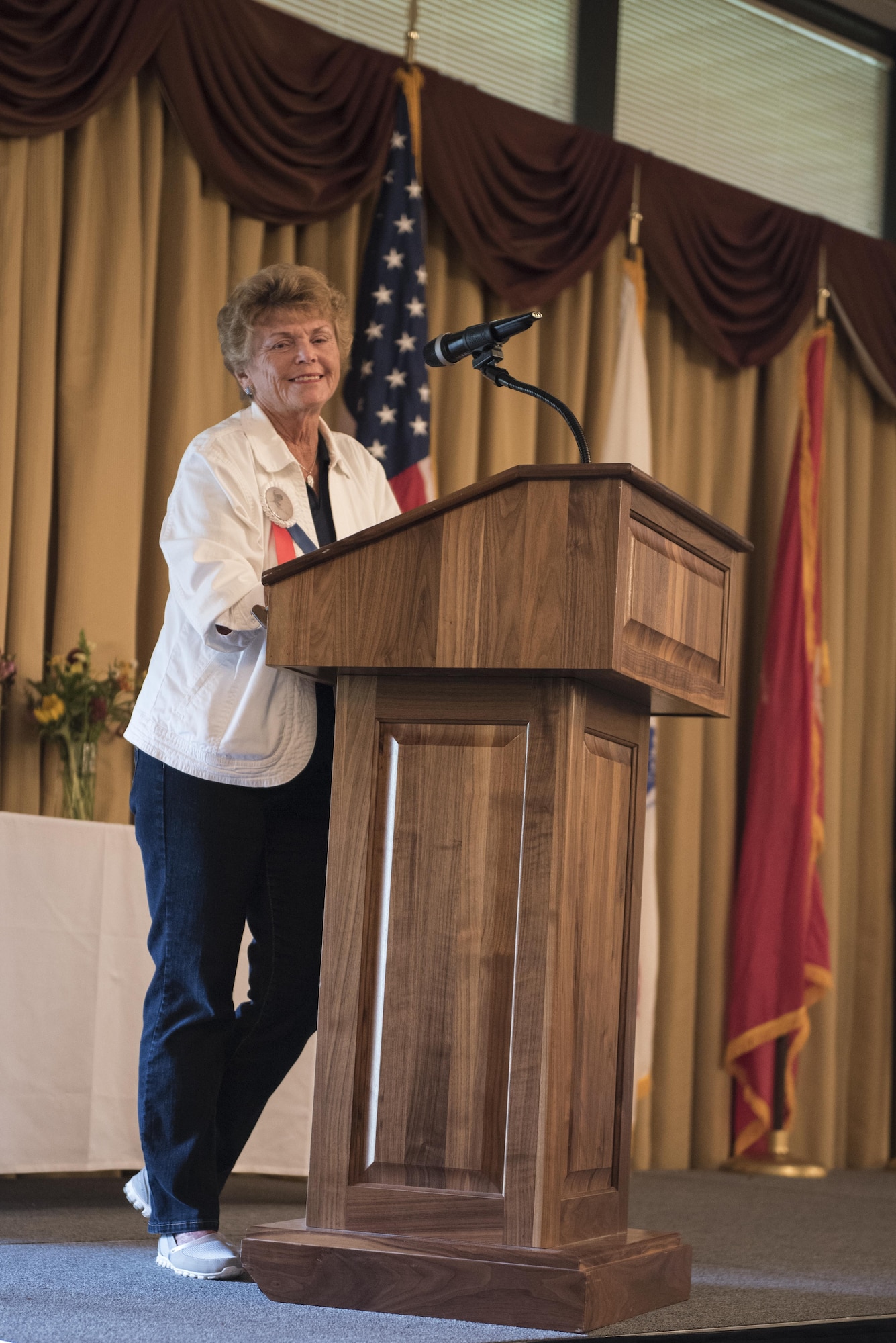 Judi Tapper, a Gold Star Mother, addresses the guest at the Gold Star Ruck March on Joint Base McGuire-Dix-Lakehurst, N.J., Oct. 8, 2016.  Judi’s son, Petty Officer 1st Class David Tapper, was a member of Seal Team 6 when he was killed in Afghanistan in 2003.

