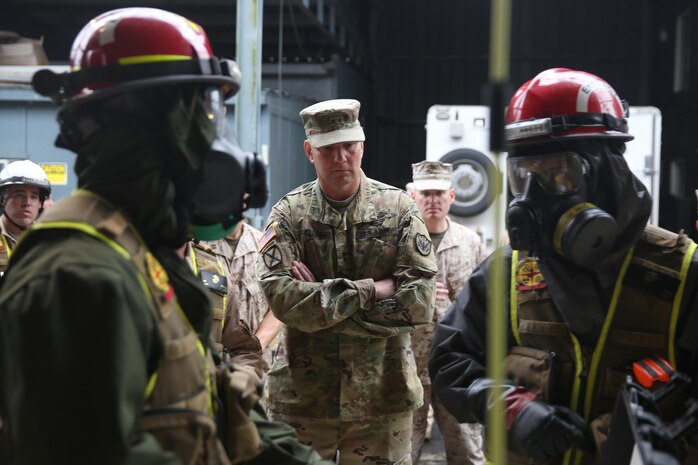 Army Maj. Gen. Richard Gallant, commander of Joint Task Force Civil Support, center, watches as Marines with Search and Extraction Platoon, Chemical Biological Incident Response Force (CBIRF), enter a simulated contaminated building to search for casualties during an official visit at Naval Annex Stump Neck, Md., Sept. 29, 2016. Gallant visited CBIRF’s own training site to learn more about the Marines and sailors with CBIRF, their training and operational capabilities,  and the equipment they use for chemical, biological, radiological, nuclear and high-yield explosive (CBRNE) crisis response and consequence management. (Official U.S. Marine Corps photo by Sgt. Jonathan Herrera/Released)