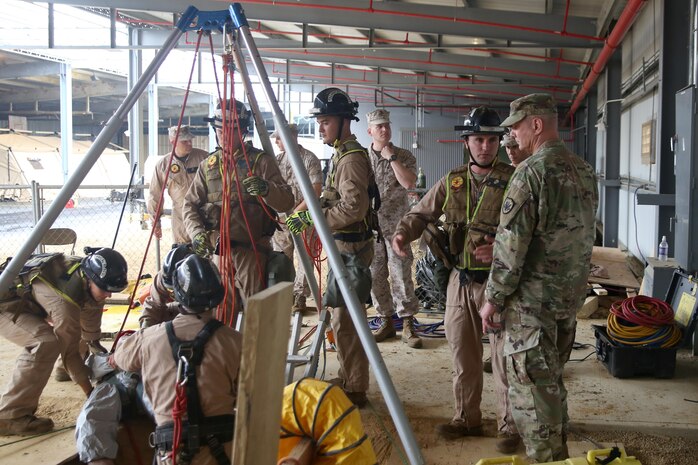 Marine Sgt. James Jacoby, a crash fire rescueman with Technical Rescue Platoon, Chemical Biological Incident Response Force (CBIRF), explains to Army Maj. Gen. Richard Gallant, commander of Joint Task Force Civil Support, how  CBIRF Marines extract casualties from a trench while other Marines demonstrate that process during an official visit at Naval Annex Stump Neck, Md., Sept. 29, 2016. Gallant visited CBIRF’s own training site the Downey Responder Training Facility to learn more about the Marines and sailors with CBIRF, their training capabilities,  and the equipment they use for chemical, biological, radiological, nuclear and high-yield explosive (CBRNE) crisis response and consequence management. (Official U.S. Marine Corps photo by Sgt. Jonathan Herrera/Released)