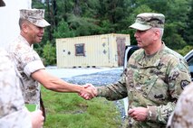 Army Maj. Gen. Richard Gallant, commander of Joint Task Force Civil Support, right, shakes hands with Marine Col. Michael Carter, commanding officer of Chemical Biological Incident Response Force (CBIRF), during an official visit at Naval Annex Stump Neck, Md., Sept. 29, 2016. Gallant visited CBIRF’s own training site the Downey Responder Training Facility to learn more about the Marines and sailors with CBIRF, their training capabilities,  and the equipment they use for chemical, biological, radiological, nuclear and high-yield explosive (CBRNE) crisis response and consequence management. (Official U.S. Marine Corps photo by Sgt. Jonathan Herrera/Released)