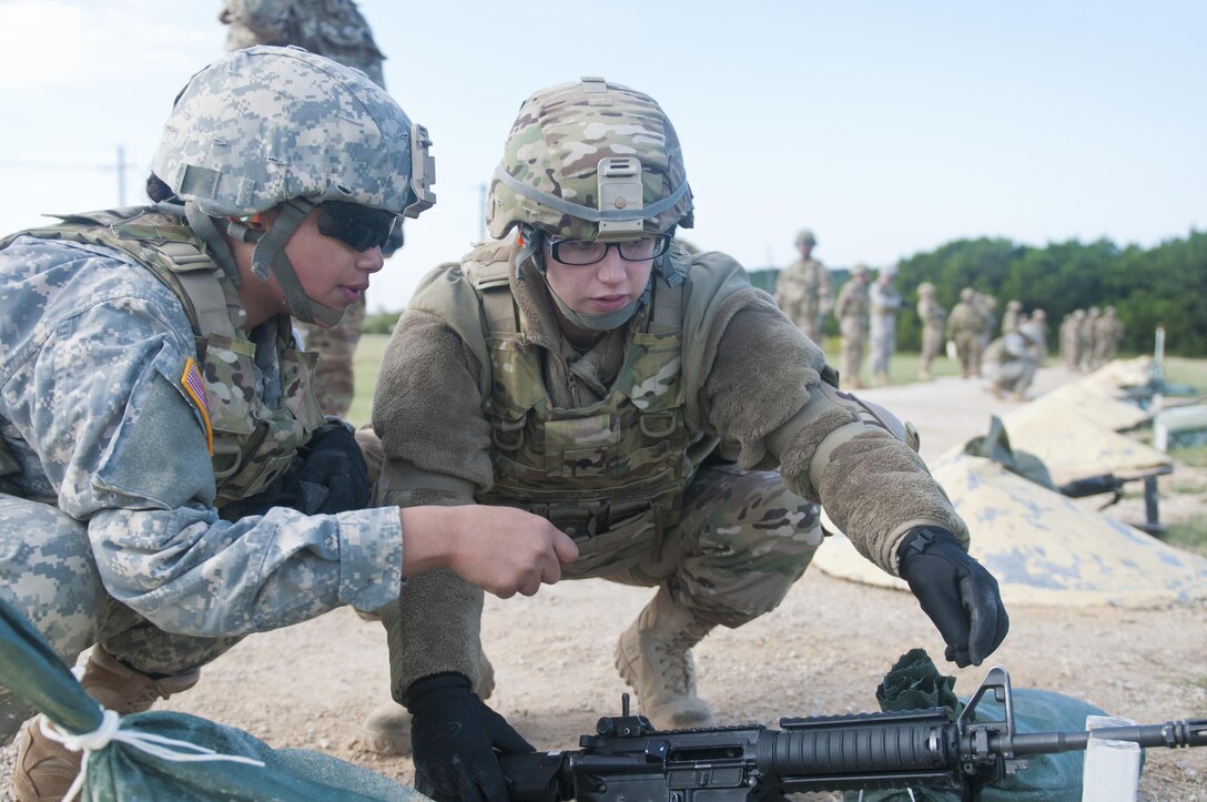 Army Reserve Soldiers with the 316th Sustainment Command (Expeditionary), based out of Coraopolis, Pa., make adjustments to their M4 carbines while at a range at Fort Hood, Tx., Oct. 9, 2016. This is to prepare the Soldiers of the 316th during their predeployment training. (U.S. Army photo by Staff Sgt. Dalton Smith / Released)