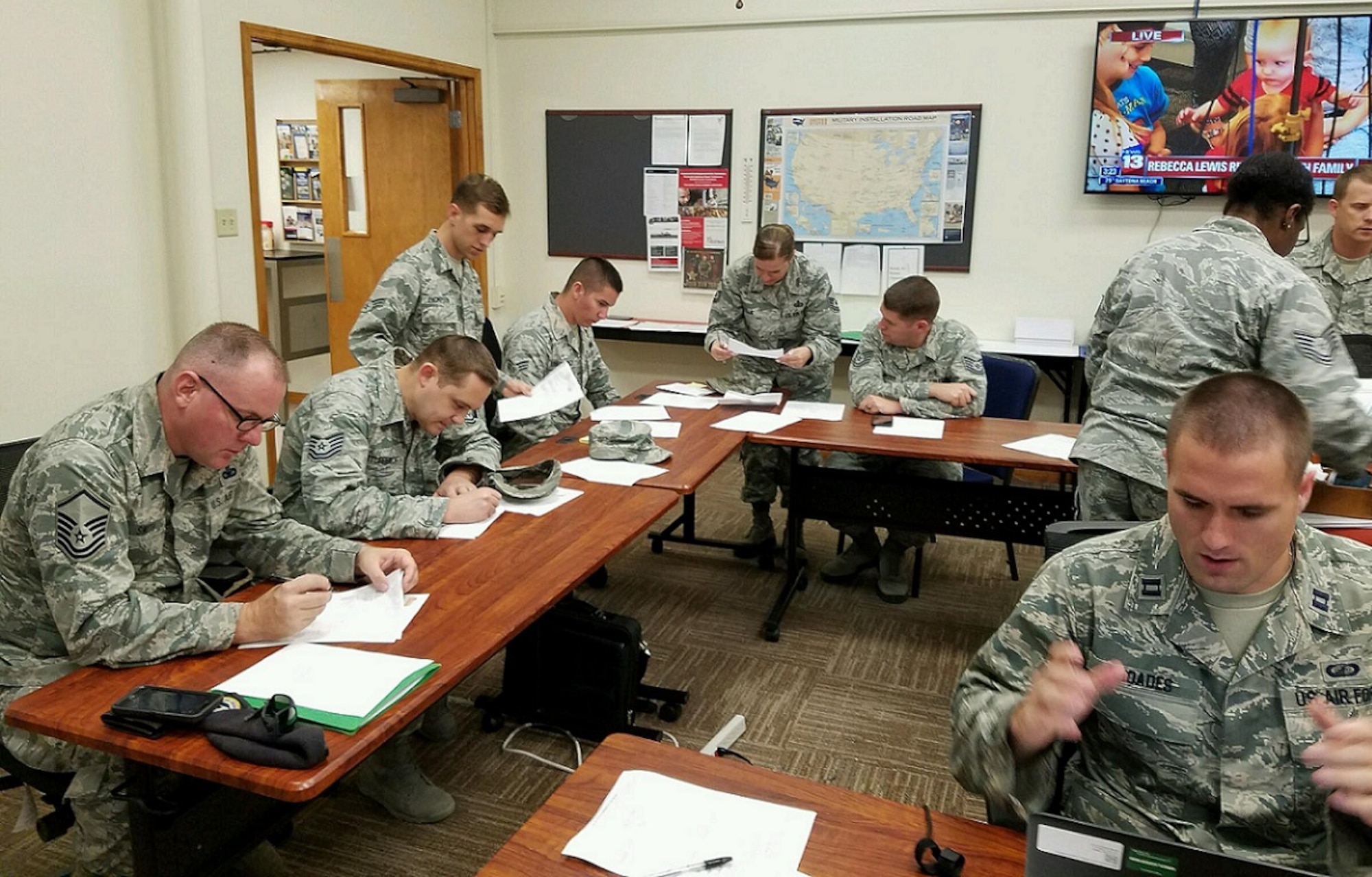 The 45th Comptroller Squadron process reimbursement claims and paper vouchers for active duty, civilians and dependents with Evacuation Orders during Hurricane Matthew at the Emergency Family Assistance Center at the Airman & Family Readiness Center Oct. 11, 2016, at Patrick Air Force Base, Fla. In an effort to help assist those who may have permitted entitlements, the squadron set up centers at various locations at Patrick Air Force Base and Cape Canaveral Air Force Station. Other base support agencies at the EFAC will provide support, relief and assistance such as Community Readiness Consultants, Base Legal, Chaplain, Mental Health, School Liaison Officer and Military Family Life Counselors. (Courtesy Photo)