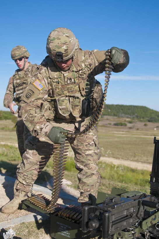 Sgt. 1st Class Casey Bargar, an Army Reserve Soldier with the 316th Sustainment Command (Expeditionary), based out of Coraopolis, Pa., loads the M2 machine gun before qualification at Fort Hood, Tx., Oct. 10, 2016. This is to prepare the Soldiers of the 316th during their predeployment training. (U.S. Army photo by Staff Sgt. Dalton Smith)