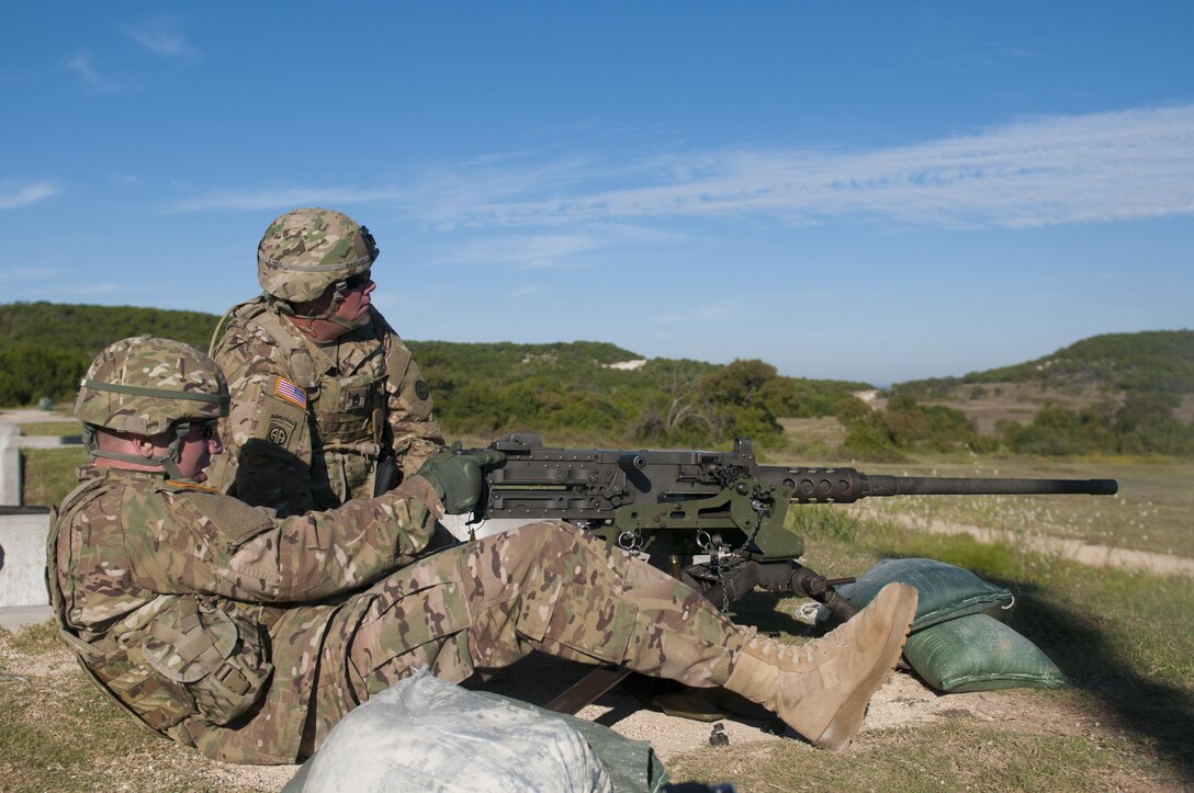 Spc. Jeremy Branthoover, an Army Reserve Soldier with the 316th Sustainment Command (Expeditionary), based out of Coraopolis, Pa., fires the M2 machine gun during qualification at Fort Hood, Tx., Oct. 10, 2016. This is to prepare the Soldiers of the 316th during their predeployment training. (U.S. Army photo by Staff Sgt. Dalton Smith)